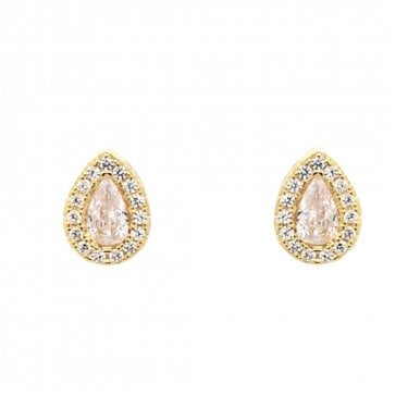 Faith Yellow Gold Sterling Silver CZ Pear Halo Stud Earrings 0.6 x 0.8cm