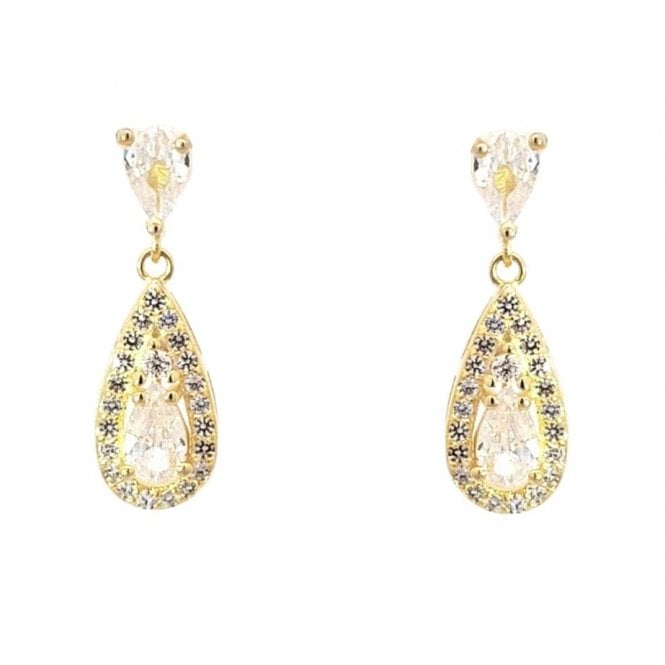 Faith Yellow Gold Sterling Silver  CZ Pear Stud with Large Pear Halo Drop Earrings 0.6 x 1.8cm