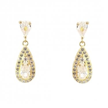 Faith Yellow Gold Sterling Silver CZ Pear Stud with Large Pear Halo Drop Earrings 0.6 x 1.8cm