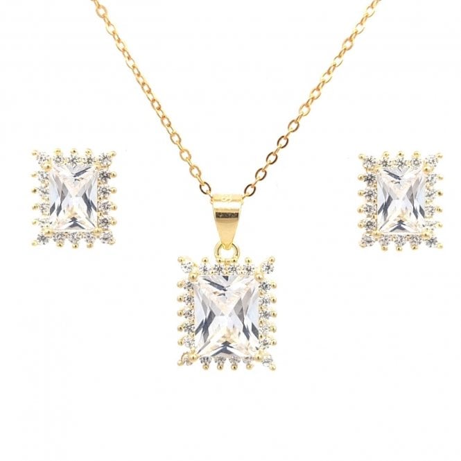 Faith Yellow Gold Sterling Silver  CZ Rectangle Halo Necklace & Earrings Set 0.9 x 1.1, 1.1 x 1.3cm, 16-18
