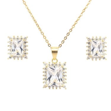 Faith Yellow Gold Sterling Silver CZ Rectangle Halo Necklace & Earrings Set 0.9 x 1.1, 1.1 x 1.3cm, 16-18"