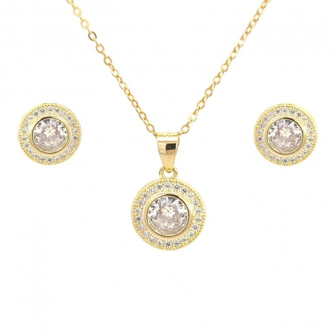 Faith Yellow Gold Sterling Silver  CZ Round Halo Necklace & Earrings Set 0.9 x 0.9, 1.1 x 1.1cm, 16-18