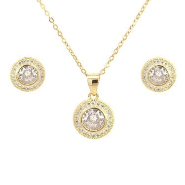 Faith Yellow Gold Sterling Silver CZ Round Halo Necklace & Earrings Set 0.9 x 0.9, 1.1 x 1.1cm, 16-18"