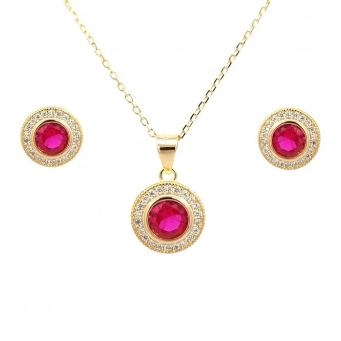 Faith Yellow Gold Sterling Silver  CZ Round Halo with Red CZ Centre Necklace & Earrings Set 0.9 x 0.9, 1.1 x 1.1cm, 16-18