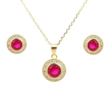 Faith Yellow Gold Sterling Silver CZ Round Halo with Red CZ Centre Necklace & Earrings Set 0.9 x 0.9, 1.1 x 1.1cm, 16-18"