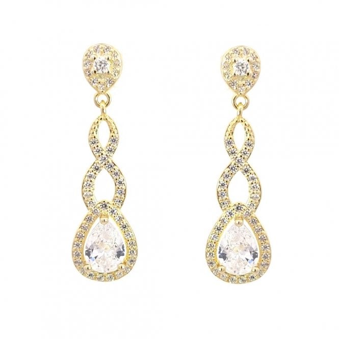 Faith Yellow Gold Sterling Silver  CZ Round Halo with Twist CZ Pear Halo Drop Earrings 0.8 x 3cm