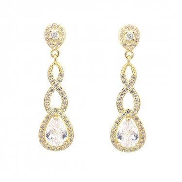 Faith Yellow Gold Sterling Silver CZ Round Halo with Twist CZ Pear Halo Drop Earrings 0.8 x 3cm