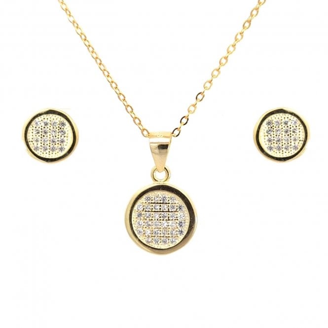 Faith Yellow Gold Sterling Silver  CZ Round Pavé Necklace & Earrings Set 0.8 x 0.8, 1.1 x 1.1cm, 16-18