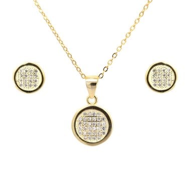 Faith Yellow Gold Sterling Silver CZ Round Pavé Necklace & Earrings Set 0.8 x 0.8, 1.1 x 1.1cm, 16-18"