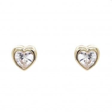 Faith Yellow Gold Sterling Silver CZ Rubover Heart Stud Earrings 0.6 x 0.7cm