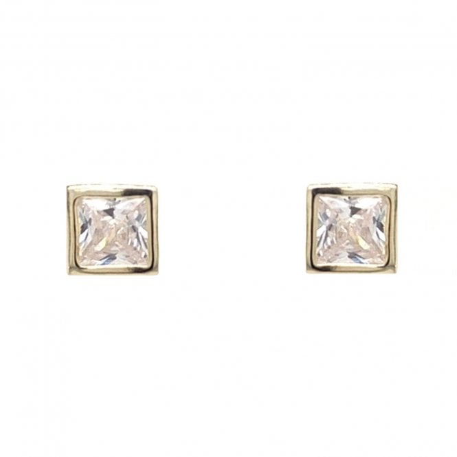 Faith Yellow Gold Sterling Silver  CZ Rubover Princess Cut Stud Earrings 0.5 x 0.5cm 