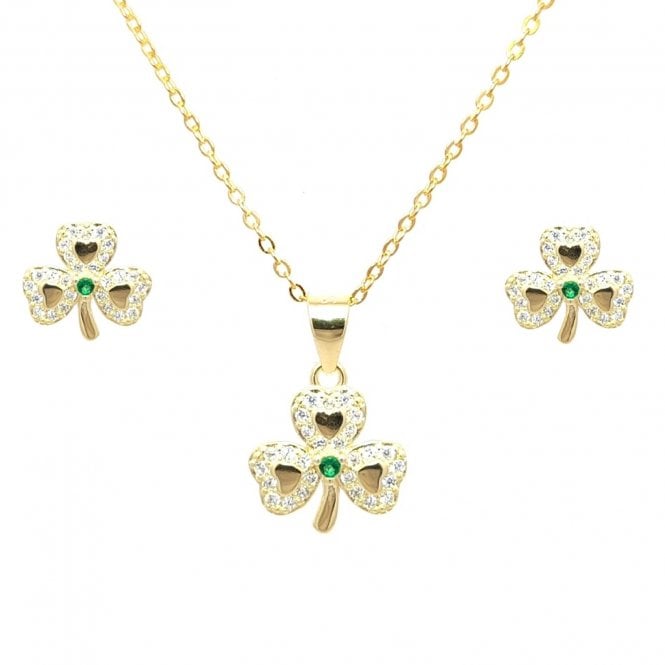 Faith Yellow Gold Sterling Silver  CZ Shamrock with Green CZ Centre Necklace & Earrings Set 1 x 1cm, 1.3 x 1.3cm, 16-18