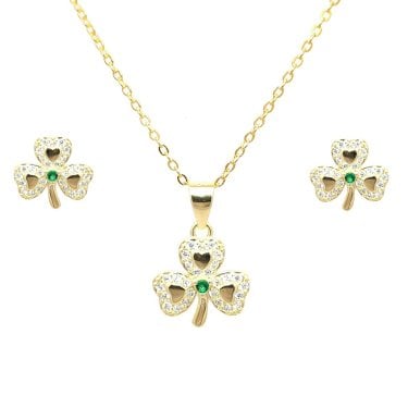 Faith Yellow Gold Sterling Silver CZ Shamrock with Green CZ Centre Necklace & Earrings Set 1 x 1cm, 1.3 x 1.3cm, 16-18"