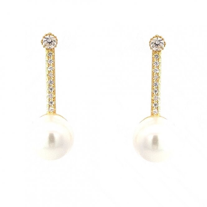 Faith Yellow Gold Sterling Silver  CZ Stud & Long CZ Bar Drop with Single Round Pearl Drop Earrings 0.8 x 2.3cm