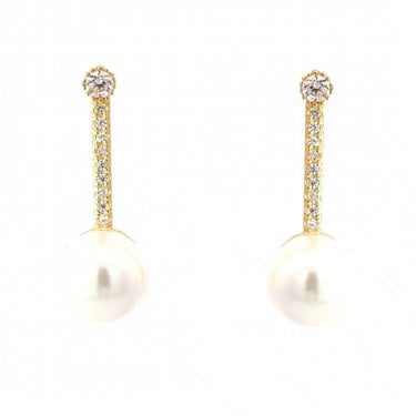 Faith Yellow Gold Sterling Silver CZ Stud & Long CZ Bar Drop with Single Round Pearl Drop Earrings 0.8 x 2.3cm