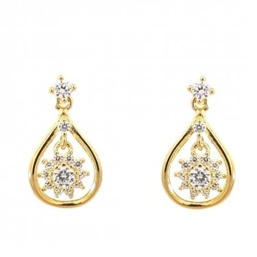 Faith Yellow Gold Sterling Silver CZ Stud with Plain Pear Surround & Floating Flower Centre Drop Earrings 0.9 x 1.5cm