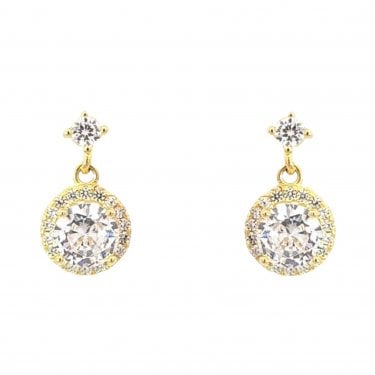 Faith Yellow Gold Sterling Silver CZ Stud with Round Halo Drop Earrings 0.8 x 1.4cm