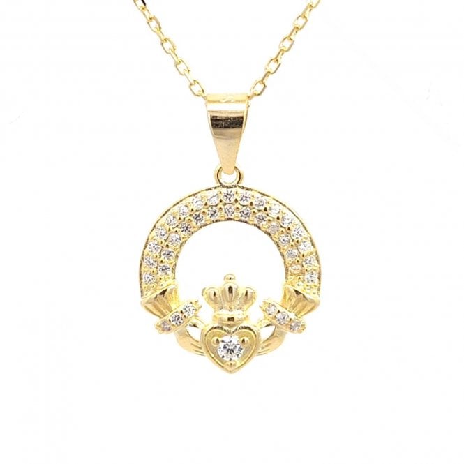 Faith Yellow Gold Sterling Silver  Double Row CZ Claddagh Necklace 1.5 x 1.5cm, 16-18