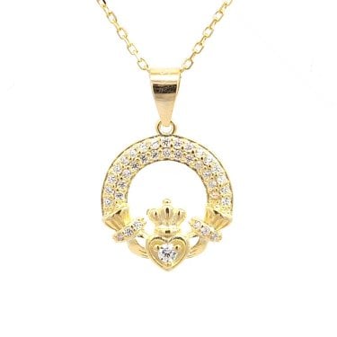 Faith Yellow Gold Sterling Silver Double Row CZ Claddagh Necklace 1.5 x 1.5cm, 16-18"