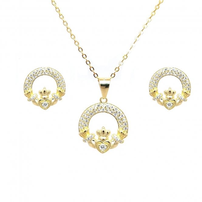 Faith Yellow Gold Sterling Silver  Double Row CZ Claddagh Necklace & Earrings Set 1.2 x 1.2cm, 1.5 x 1.5cm, 16-18