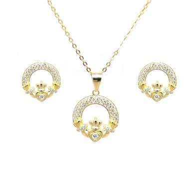Faith Yellow Gold Sterling Silver Double Row CZ Claddagh Necklace & Earrings Set 1.2 x 1.2cm, 1.5 x 1.5cm, 16-18"