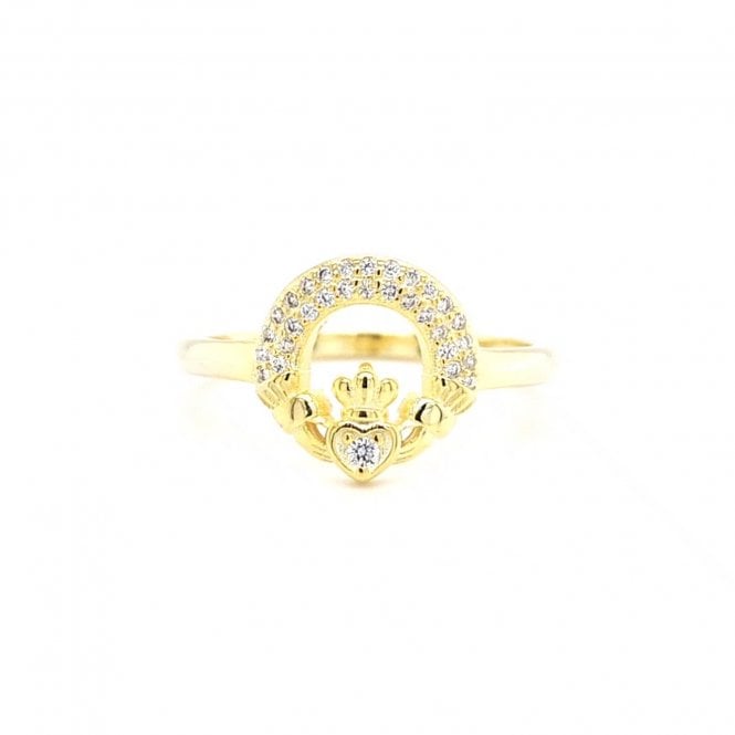 Faith Yellow Gold Sterling Silver  Double Row CZ Claddagh Ring