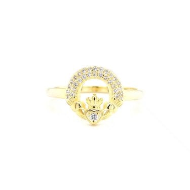 Faith Yellow Gold Sterling Silver Double Row CZ Claddagh Ring