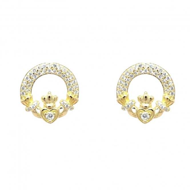 Faith Yellow Gold Sterling Silver  Double Row CZ Claddagh Stud Earrings 1.2 x 1.2cm
