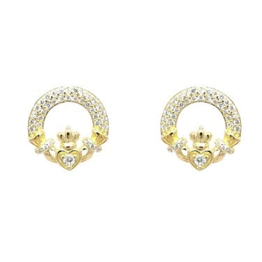 Faith Yellow Gold Sterling Silver Double Row CZ Claddagh Stud Earrings 1.2 x 1.2cm