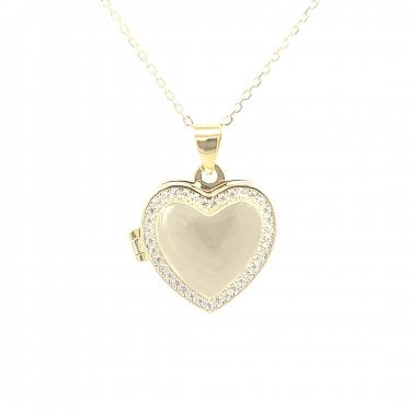 Faith Sterling Silver Yellow Gold Plain Heart with Stone Set Edge Locket 16 x 16mm, 16-18"