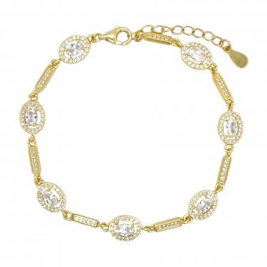 Faith Yellow Gold Sterlng Silver CZ Oval Halo & CZ Bar Link Bracelet 0.9cm x 0.7cm, 17.5-21.5cm