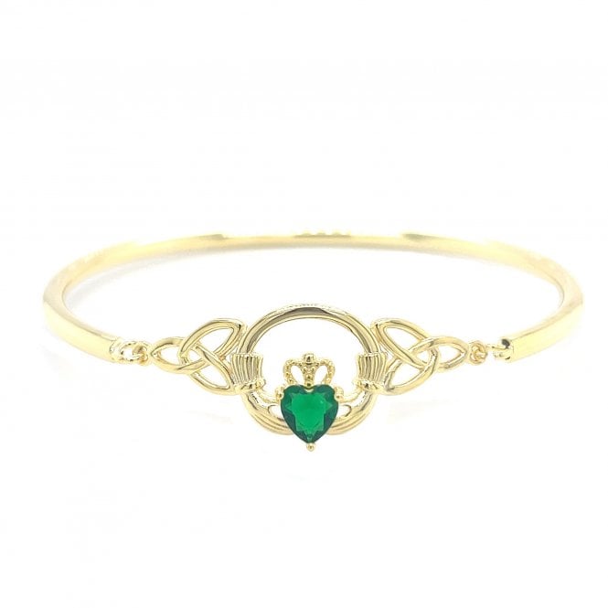 Faith Yellow Gold Sterling Silver  Green CZ Claddagh Bangle 3.5 x 1.4cm, 6 x 5.2cm