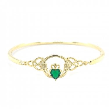 Faith Yellow Gold Sterling Silver Green CZ Claddagh Bangle 3.5 x 1.4cm, 6 x 5.2cm
