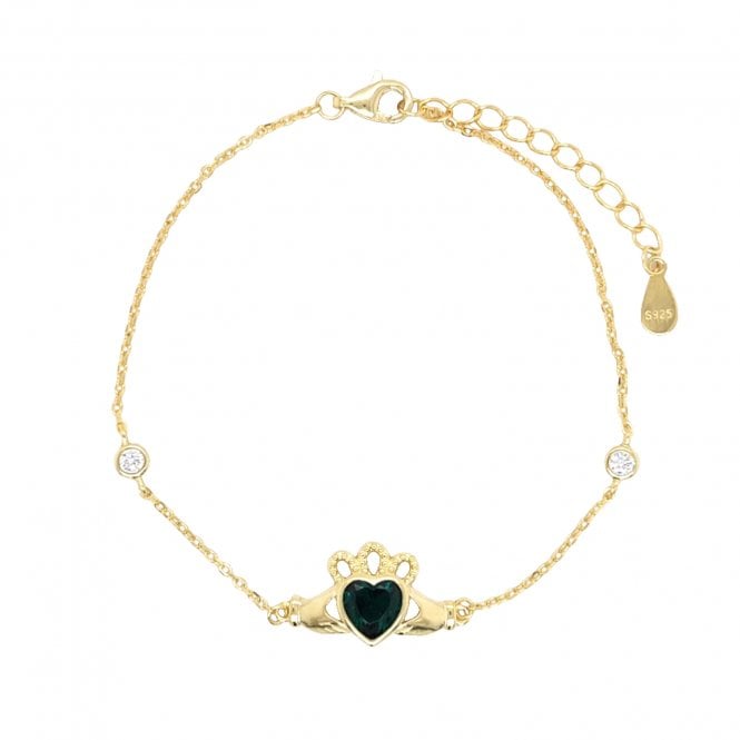 Faith Yellow Gold Sterling Silver  Green CZ Claddagh Bracelet 1.8 x 1.1cm, 17-20cm 