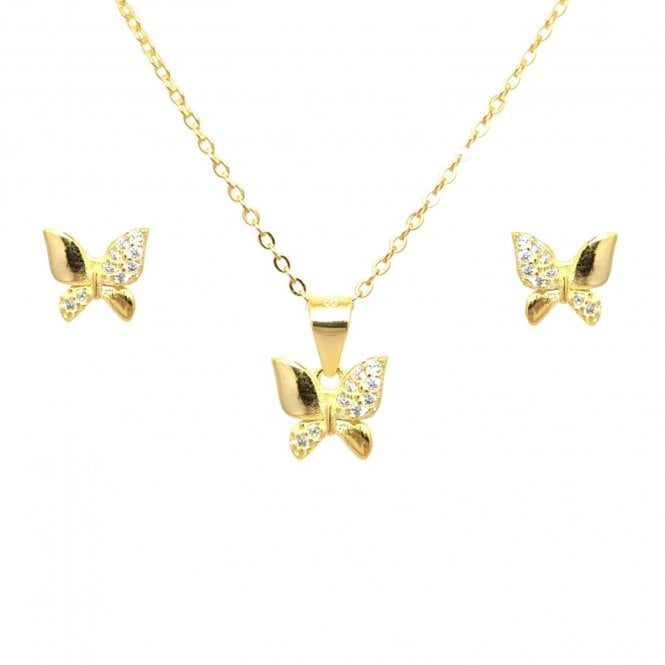 Faith Yellow Gold Sterling Silver  Half Plain & CZ Alternate Wing Butterfly Necklace & Earrings Set 0.8 x 0.8, 0.8 x 0.8cm, 16-18