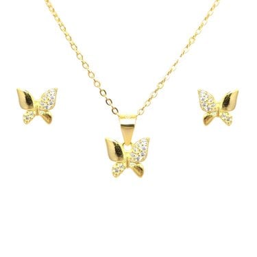 Faith Yellow Gold Sterling Silver Half Plain & CZ Alternate Wing Butterfly Necklace & Earrings Set 0.8 x 0.8, 0.8 x 0.8cm, 16-18"