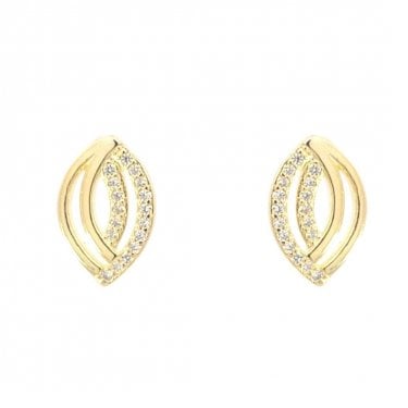 Faith Yellow Gold Sterling Silver Half Plain Half CZ Double Teardrop Drop Earrings 0.8 x 1.3cm