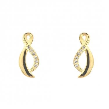 Faith Yellow Gold Sterling Silver Half Plain Half CZ Figure of Eight Drop Earrings 0.6 x 1.4cm
