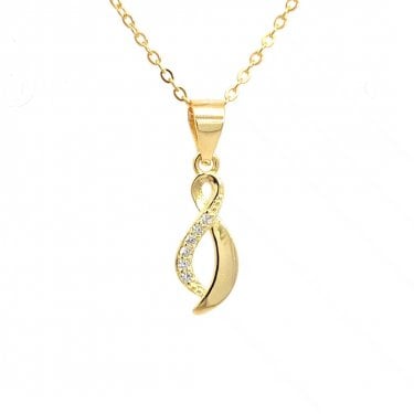 Faith Yellow Gold Sterling Silver Half Plain Half CZ Figure of Eight Necklace 0.6 x 1.4cm, 16-18"