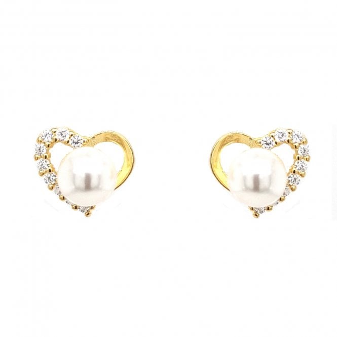 Faith Yellow Gold Sterling Silver  Half Plain Half CZ Open Heart with Pearl Centre Stud Earrings 0.8 x 0.9cm