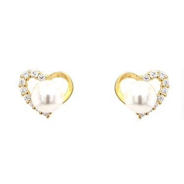 Faith Yellow Gold Sterling Silver Half Plain Half CZ Open Heart with Pearl Centre Stud Earrings 0.8 x 0.9cm