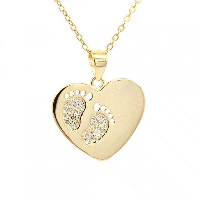 Faith Yellow Gold Sterling Silver  Heart with CZ Footprints Necklace 1.9 x 1.6cm, 16-18