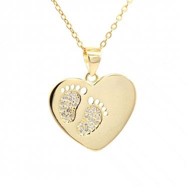 Faith Yellow Gold Sterling Silver Heart with CZ Footprints Necklace 1.9 x 1.6cm, 16-18"