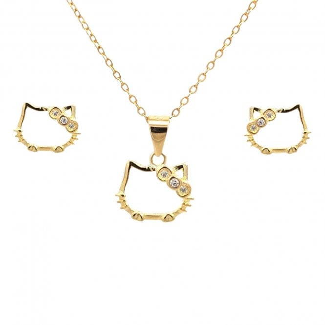 Faith Yellow Gold Sterling Silver  Hello Kitty Outline with CZ Bow Necklace & Earrings Set 1 x 0.8, 1.2 x 1cm, 16-18