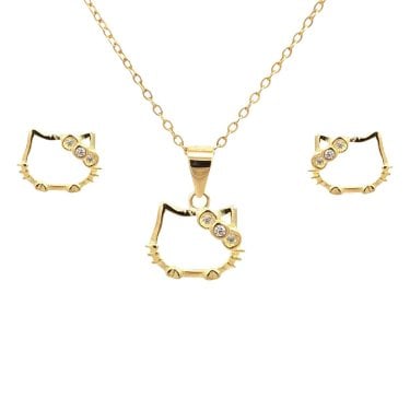 Faith Yellow Gold Sterling Silver Hello Kitty Outline with CZ Bow Necklace & Earrings Set 1 x 0.8, 1.2 x 1cm, 16-18"