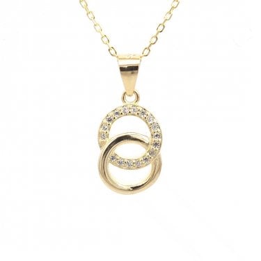 Faith Yellow Gold Sterling Silver Interlocking Plain Circle with CZ Circle Necklace 1 x 1.4cm, 16-18"
