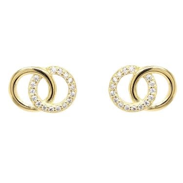Faith Yellow Gold Sterling Silver Interlocking Plain Circle with CZ Circle Stud Earrings 1.1 x 0.8cm 
