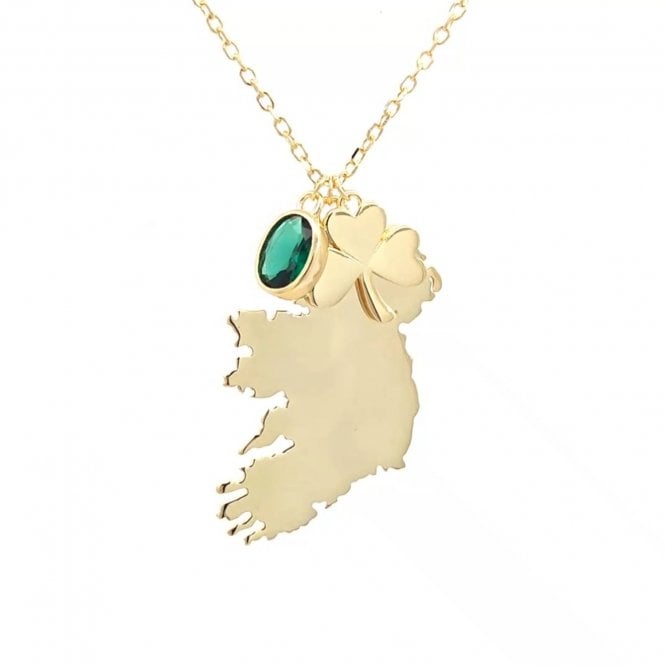 Faith Yellow Gold Sterling Silver  Ireland Map with Shamrock & Green CZ Necklace 2 x 2.6cm, 1.2 x 1.1cm, 0.6 x 0.8cm, 16-18