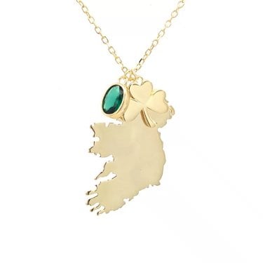Faith Yellow Gold Sterling Silver Ireland Map with Shamrock & Green CZ Necklace 2 x 2.6cm, 1.2 x 1.1cm, 0.6 x 0.8cm, 16-18"