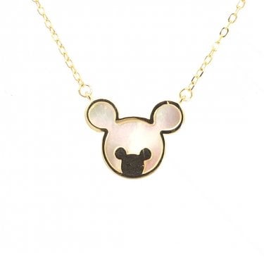 Faith Yellow Gold Sterling Silver Mickey Mouse Outline with Mother of Pearl & Small Mickey Mouse Necklace 1.5 x 1.2cm, 16-18"